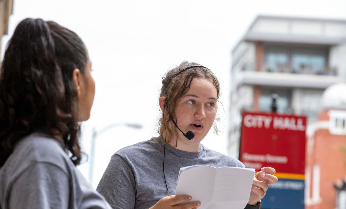 Lauren Sphar '23 guides a tour of Lancaster Vice History. A group of students is researching 1900s reform group efforts to curb prostitution, gambling and liquor law violations in downtown Lancaster.