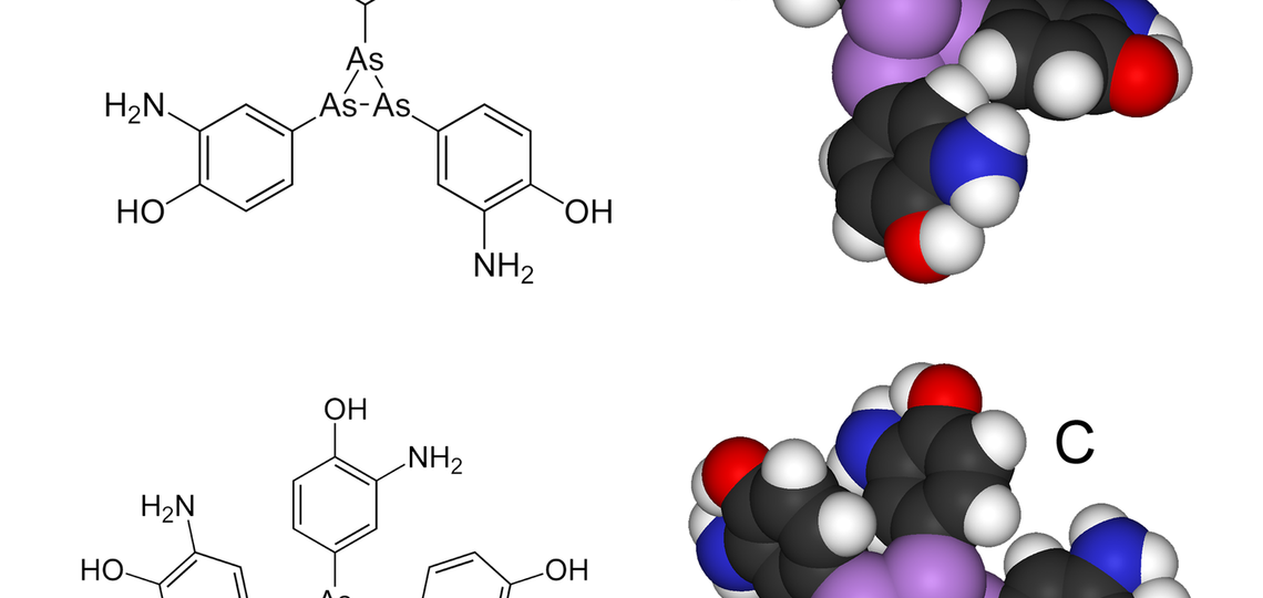 Arsphenamine, or salvarsan, discovered by Paul Ehrlich  in 1907.