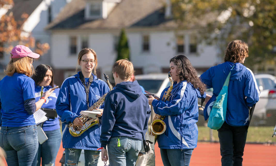 The F&M pep band prepares to play at the Williamson True Blue Tailgate.