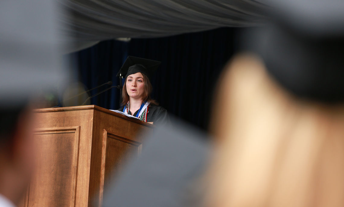 2015 Williamson Medal winner Rachel Codkind addresses fellow members of the Class of 2015.