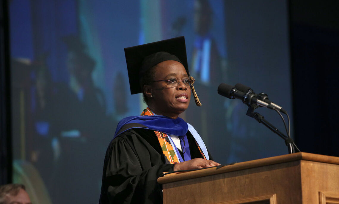 Dr. Wanda Austin delivers the Commencement address at F&M on May 13, 2017. A 1975 graduate, Austin is an engineer who once headed the Aerospace Corp., one of the nation's leading aerospace research centers for defense-related space programs, and recently the University of Southern California.