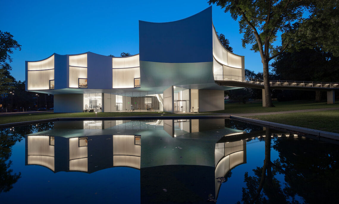 The Susan and Benjamin Winter Visual Arts Center and the reflecting pool