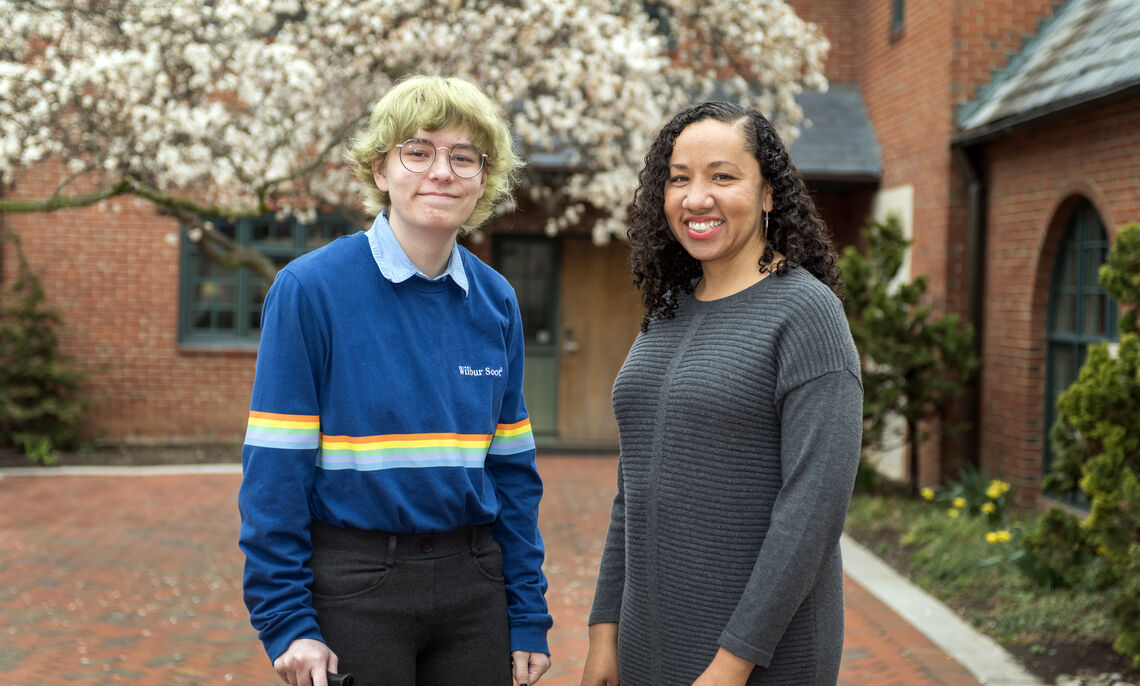 Nora "Francis" Williams '26 (left), runner-up for this year's Jerome Irving Bank Memorial Short Story Prize, with author Camille Acker at a March 23 craft talk.