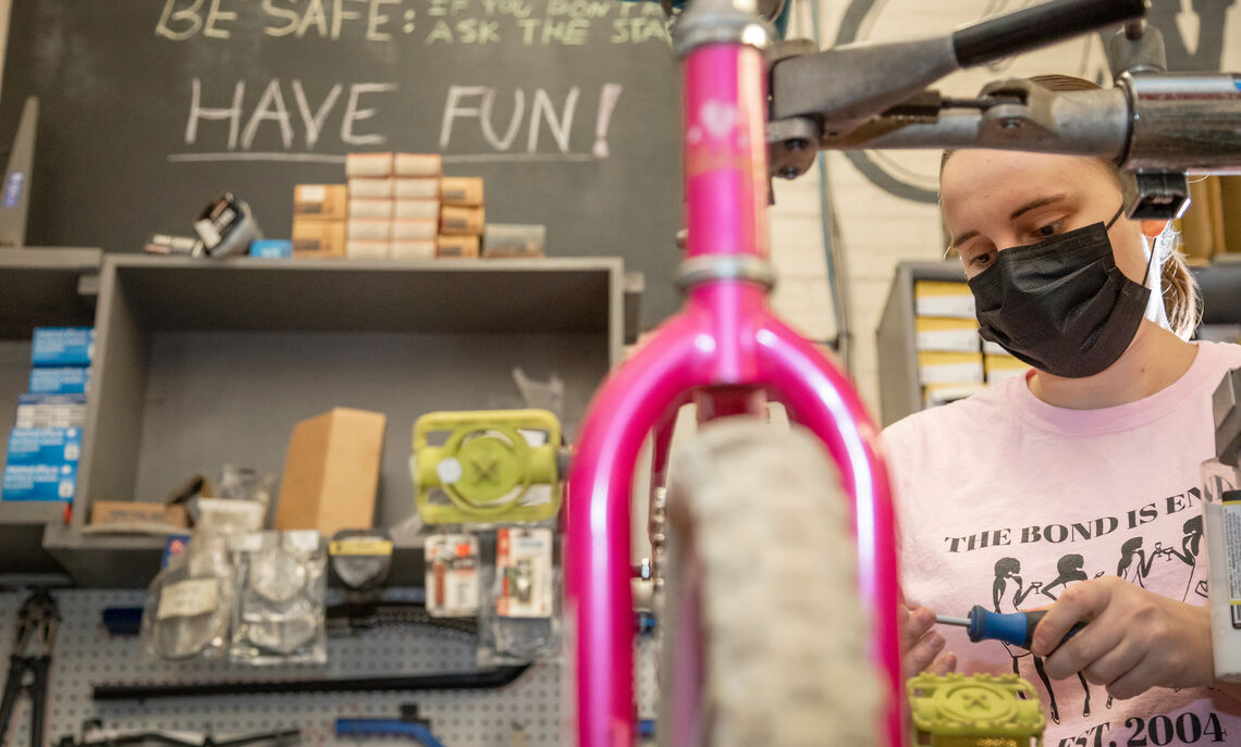 Students volunteer at The Common Wheel on Wednesday evenings during the spring semester. Each year, the nonprofit collects and refurbishes bikes to donate to Lancaster youth.