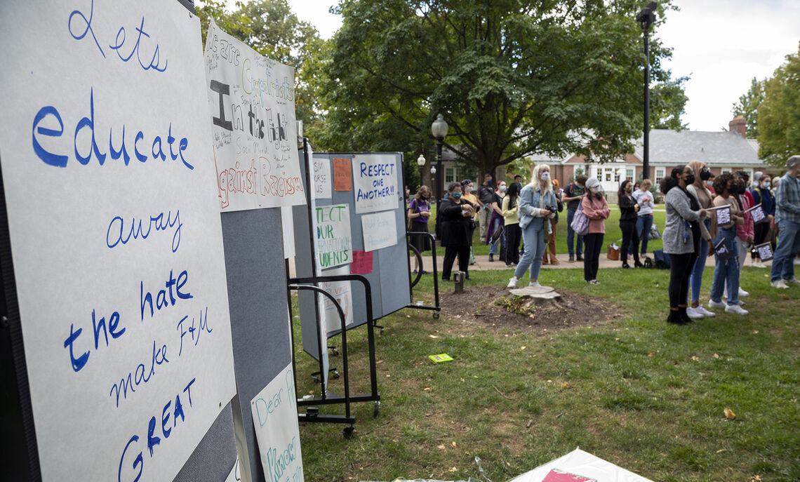 In this photo from September 2021, F&M students, faculty and staff come together to rally against anonymous, discriminatory posts discovered on the social media site Yik Yak. The event was organized by the Offices of Diversity, Equity and Inclusion and Student Affairs.