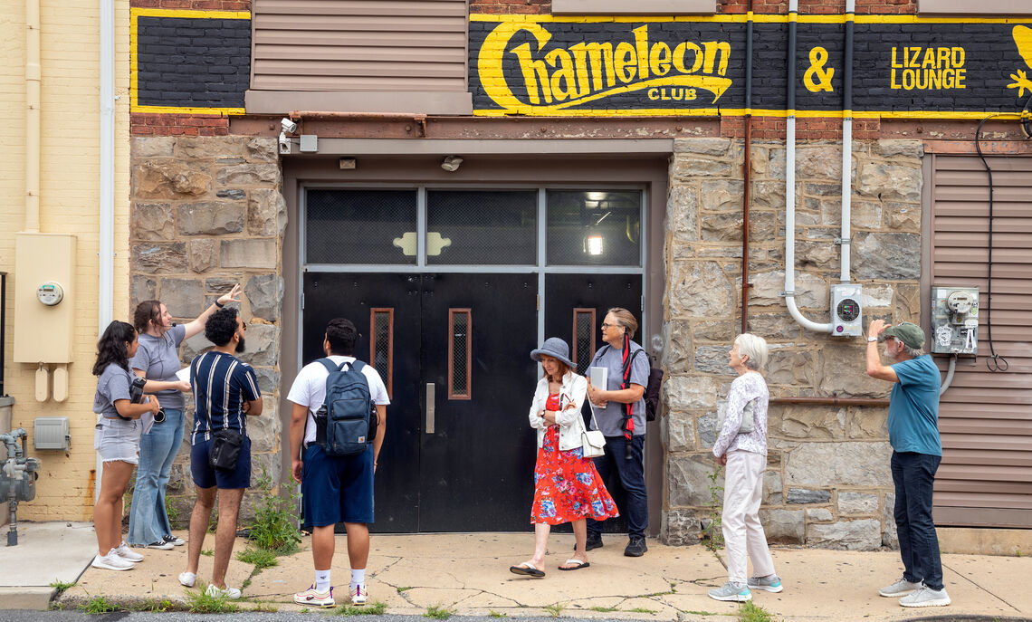 Lauren Sphar '23 guides a tour of Lancaster Vice History. A group of students is researching 1900s reform group efforts to curb prostitution, gambling and liquor law violations in downtown Lancaster.