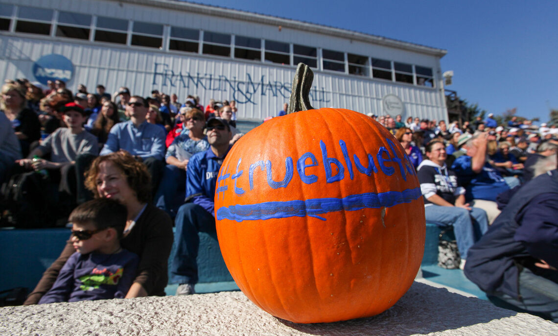 Pumpkins such as this one, sporting the hash tag #truebluefandm, abound on a brisk Saturday in autumn, perfect football weather.