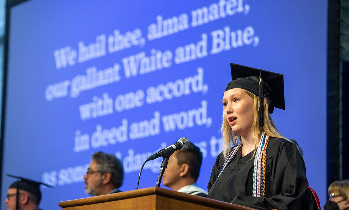 Soprano Eva Hirsch '22 sings F&M's Alma Mater on the Commencement stage.