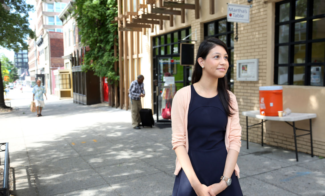 At Martha's Table, where food is prepared for the hungry and homeless in midtown Washington, Salg's range of duties include editing, photography and preparing a sandwich-making donation kit.