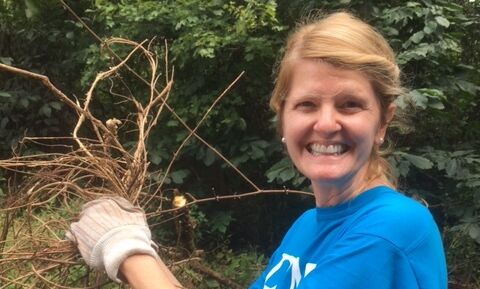 Jennifer Nell, assistant director at Ware Institute, participates in a Lancaster Conservancy pollinator project at Kellys Run Trail in Holtwood, PA.