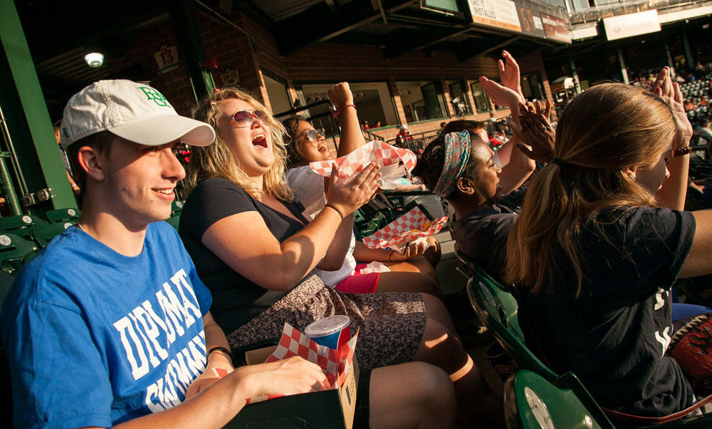 Franklin and Marshall College students attend a Barnstormers baseball game at the Clipper Magazine Stadium in the summer of 2014. Photo by Melissa Hess.