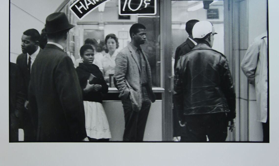 Danny Lyon (American, b. 1942). Outside, Lester MacKinney, Bernice Reagon, and John O'Neal wait to get in [a Nashville Tic Toc restaurant], 1962. Gelatin silver print, printed later, 11 x 14". Gift of Dr. and Mrs. Stephen Nicholas.