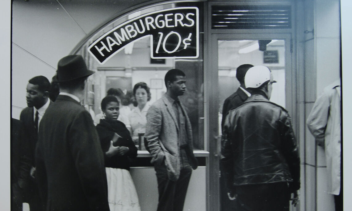 Danny Lyon (American, b. 1942). Outside, Lester MacKinney, Bernice Reagon, and John O’Neal wait to get in [a Nashville Tic Toc restaurant], 1962. Gelatin silver print, printed later, 11 x 14". Gift of Dr. and Mrs. Stephen Nicholas.
