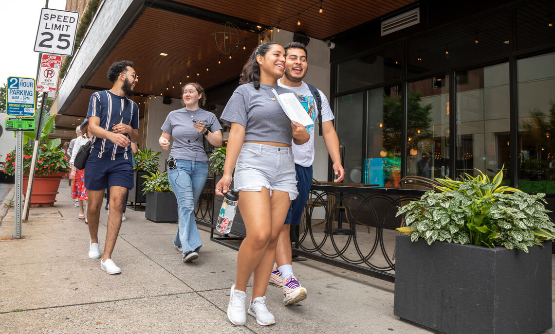 Maria Leon Reyes '23 guides a tour of Lancaster Vice History. A group of students is researching 1900s reform group efforts to curb prostitution, gambling and liquor law violations in downtown Lancaster.