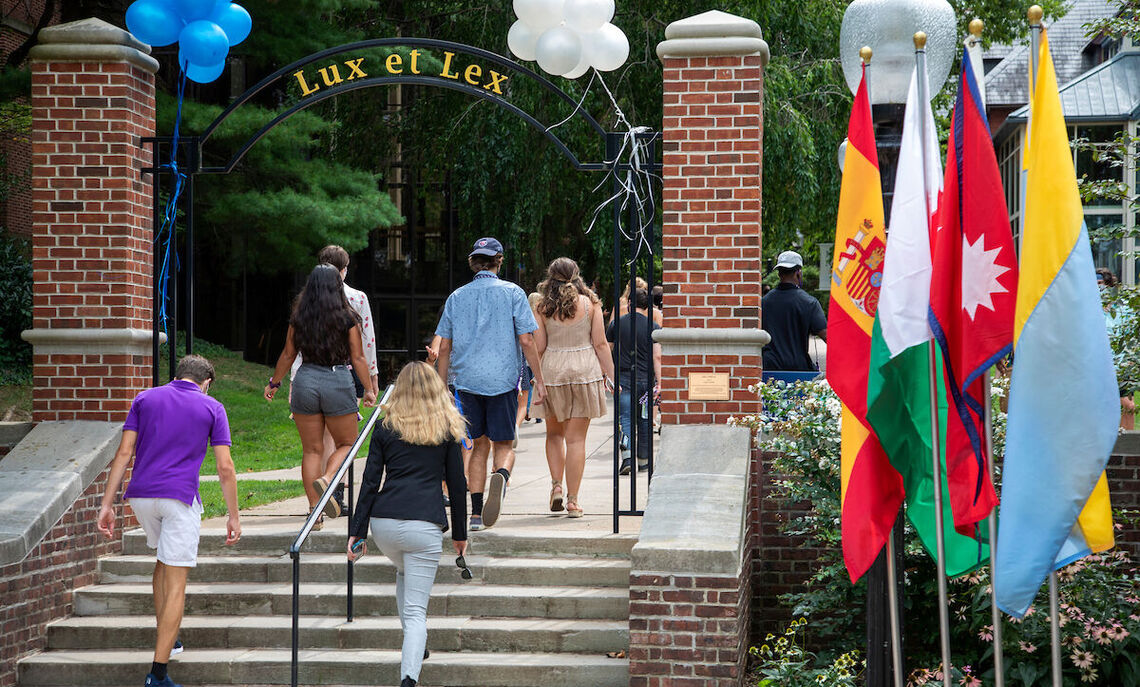 First-year students completing convocation in Fall 2020 by walking through the Lux et Lex arch. Last spring, first years studied remotely in an effort to reduce the number of students in on-campus residential halls. ASPIRE—which stands for Authentic Success & Possibility in Reach for Every Student—was designed to not only make students aware of the resources available to them and keep them on track as they move to a remote environment, but to set students up for success early at F&M.