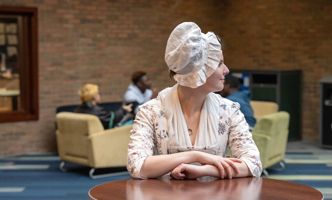 Rachel Sheffield '20, lead interpreter and historic clothing coordinator at First State Heritage Park in Dover, Del., presented her designs to students in Brooks College House.