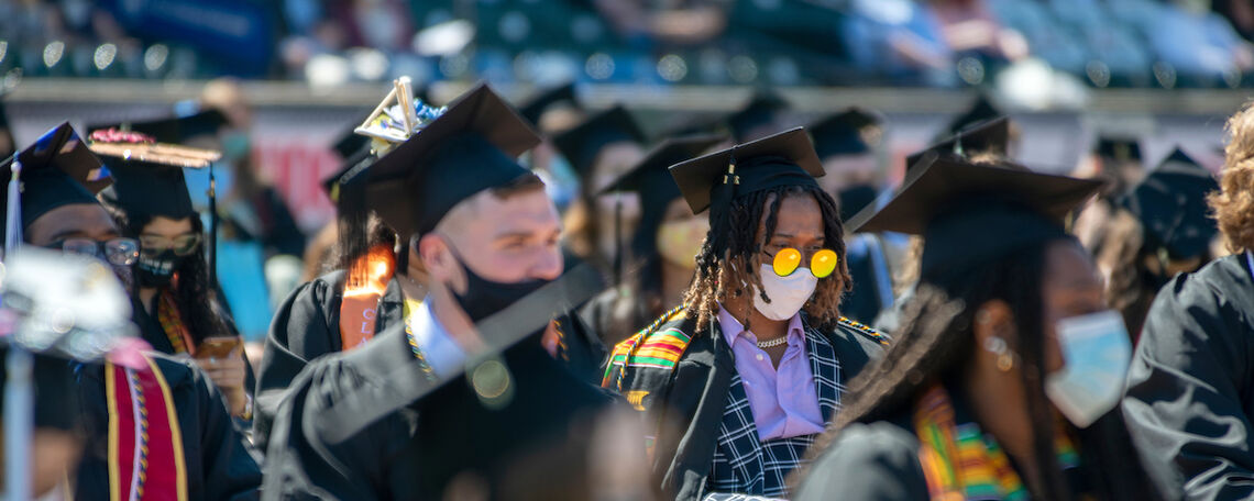 Members of the Class of 2021 wait to receive their diplomas during F&M Commencement held May 15 at Lancaster Clipper Stadium.