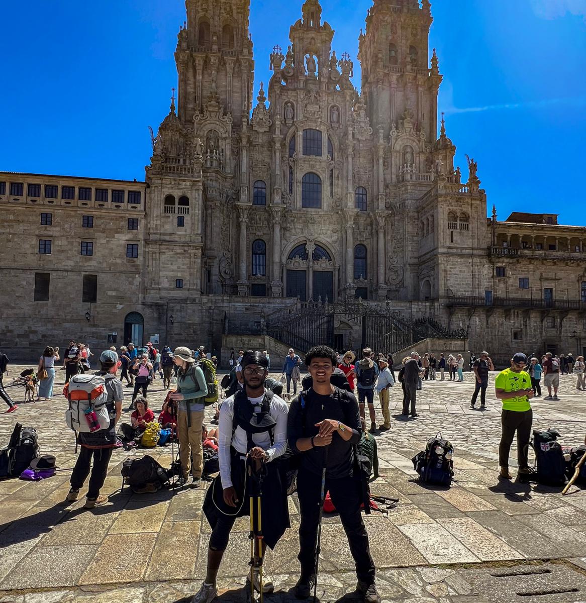 F&M on the Camino student leaders David Nieves '27 and Johansen Vargas '26 outside Spain’s Cathedral of Santiago de Compostela.