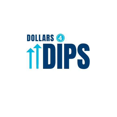 Dollars for Dips logo with arrows and a coin.