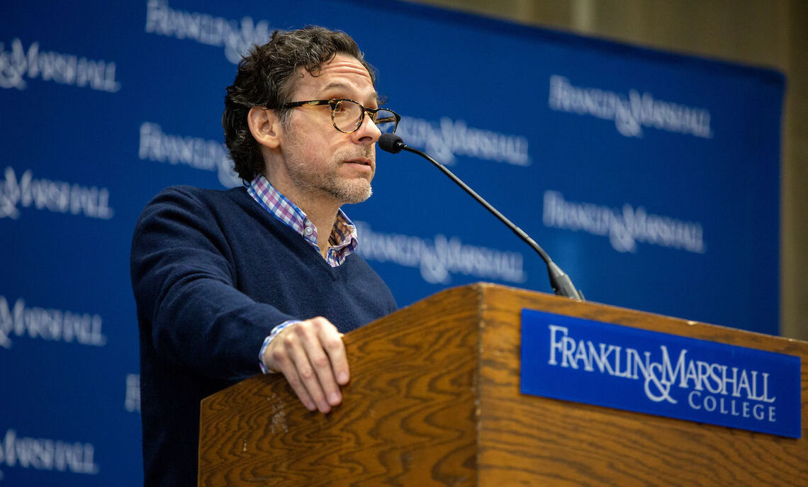 11 07... Novelist Nick Montemarano, F&M English professor and recipient of the 2019 Bradly R. Dewey Award for Outstanding Scholarship, discussed truth in fiction at the Nov. 7 Common Hour.