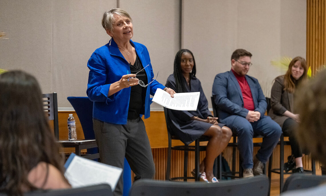 04 11... President Barbara Altmann moderates a young alumni panel in Stahr Auditorium.