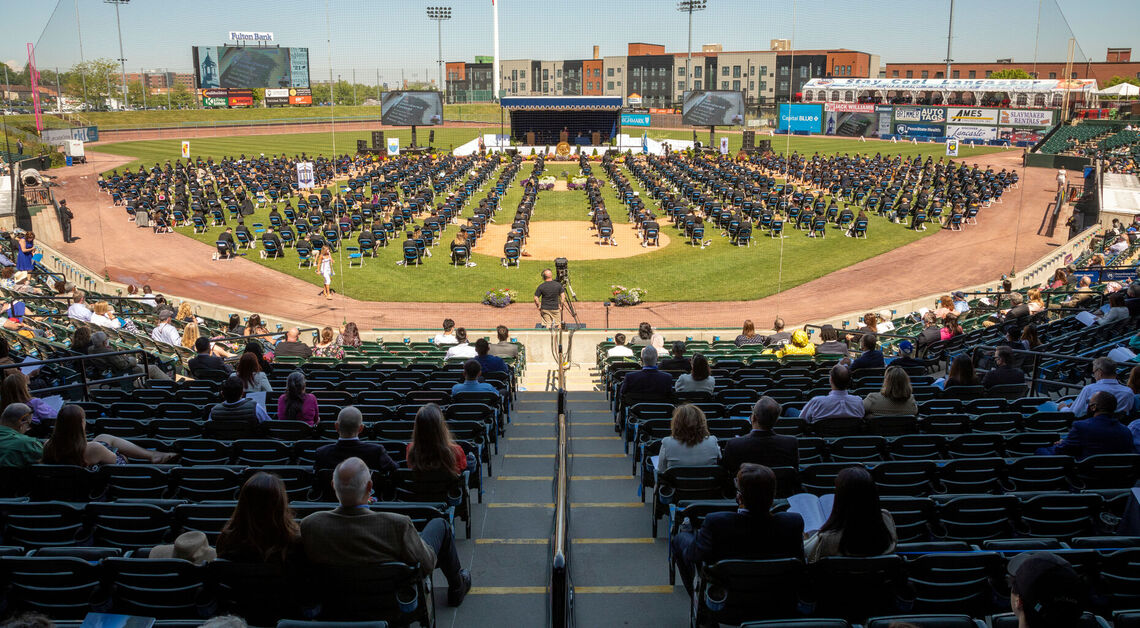 05 15... Members of the Class of 2021 â with family and friends watching from Lancaster Clipper Stadium seats â wait to receive their diplomas during F&M Commencement held May 15.