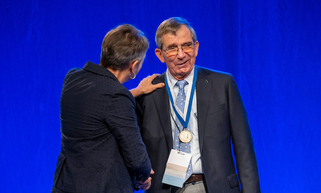 True... F&M President Barbara Altmann with Robert B. Falk, Jr., M.D., '67, recipient of the Nevonian Medal, presented to an alumnus who has exhibited extraordinary and sustained dedication to the College.