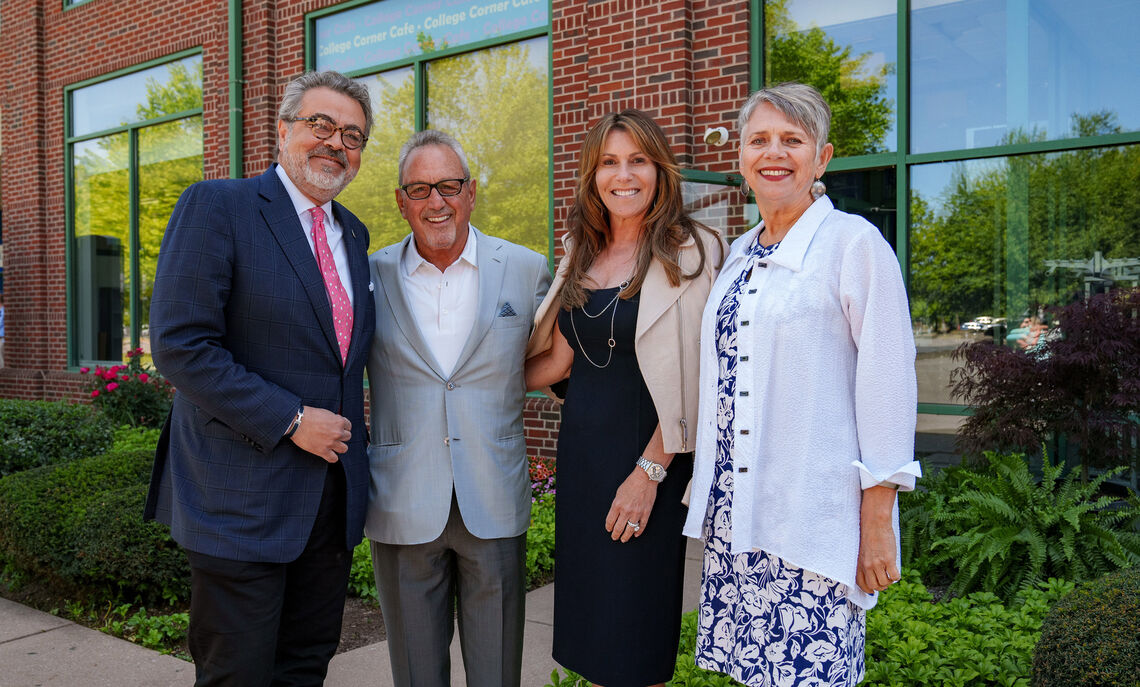 f m... From left, F&M Board of Trustees Chair Eric Noll '83, P'09, Sam Lombardo, Dena Lombardo and F&M President Barbara K. Altmann celebrate the beginning of construction for the Samuel N. and Dena M. Lombardo Welcome Center.
