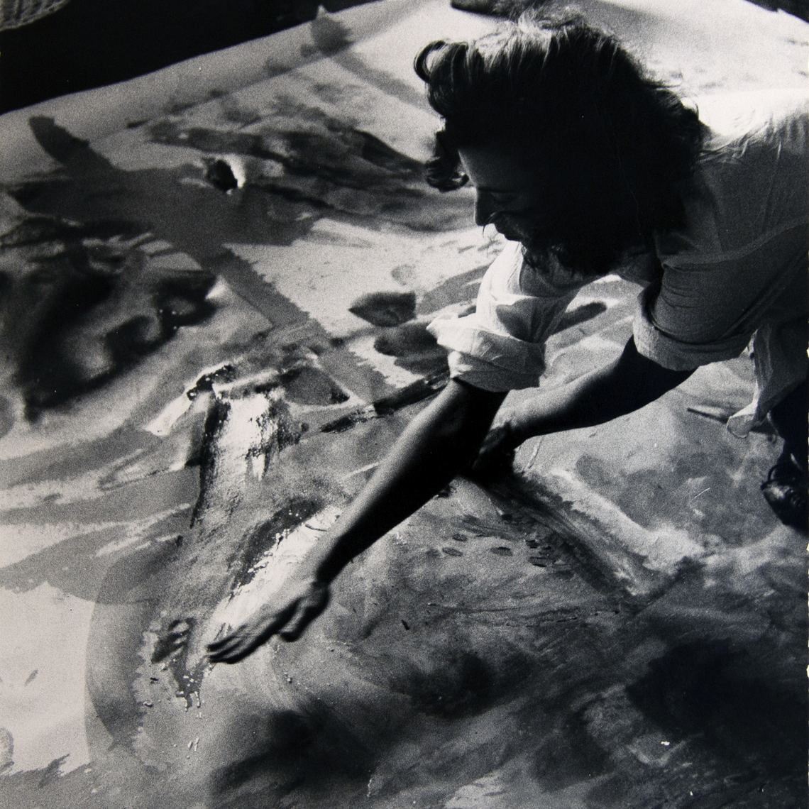 bg 377 Painter Helen Frankenthaler works on an abstract expressionist painting in her studio, New York City, 1957. Burt Glinn (American, 1925â2008)
