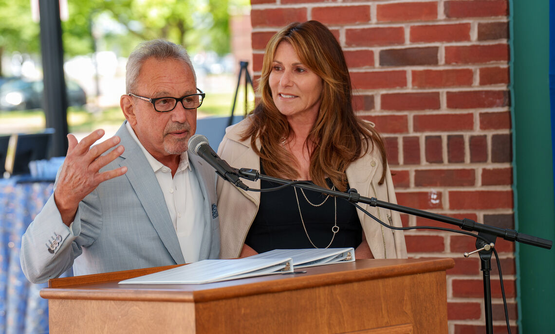 f m... Sam Lombardo addresses the crowd at a celebration of the start of construction for the Lombardo Welcome Center.