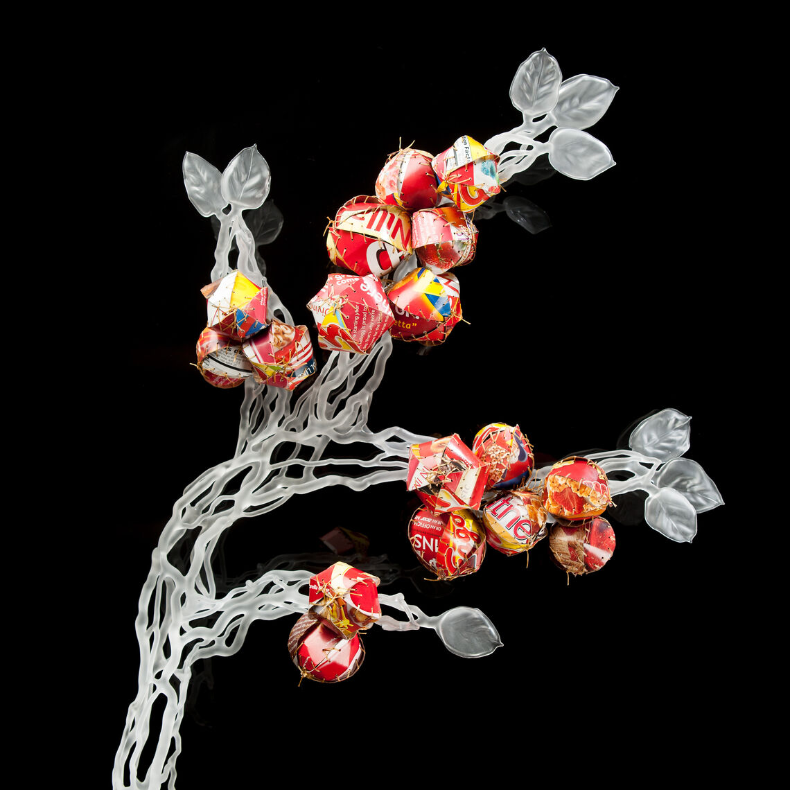 ... Glass, recycled food packaging, and artificial sinew.