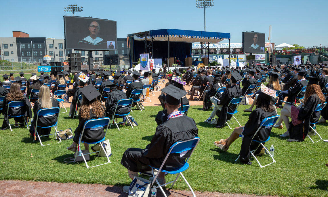 05 15... Members of the Class of 2021 watch speaker Jim Stengel '77 during F&M Commencement held May 15 at Lancaster Clipper Stadium.