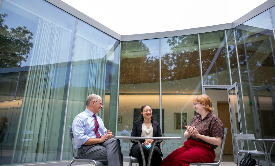 10 06... Associate Professor of Art History Kostis Kourelis, Director of PACE Yarlyn Rosario, and Sarah Sutter '22 at the Winter Visual Arts Center